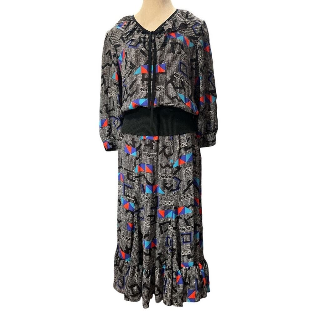 Vtg Andrea Gayle Semi Sheer Drop Waist Dress Geometric Size 10 Black White Red